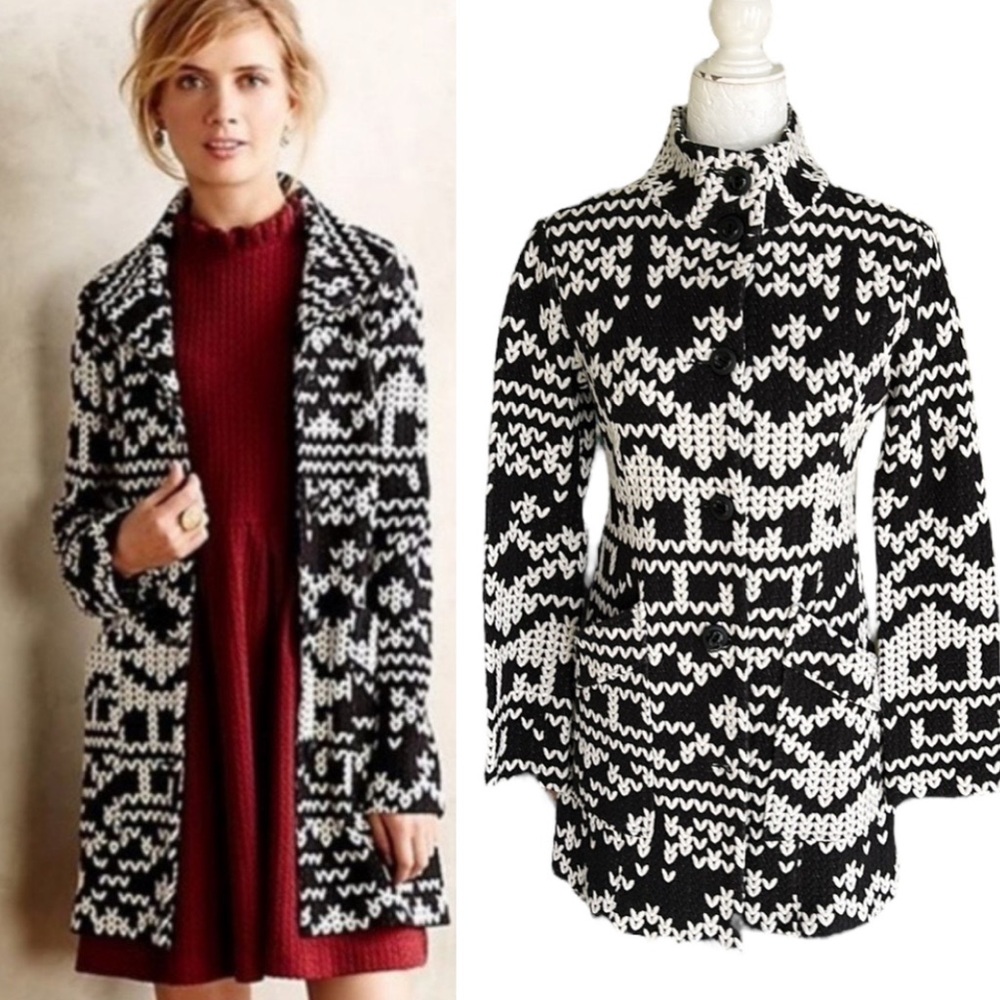 Anthropologie Tabitha Fair Isle Black & White Stretchy Knit Jacket Coat - XS